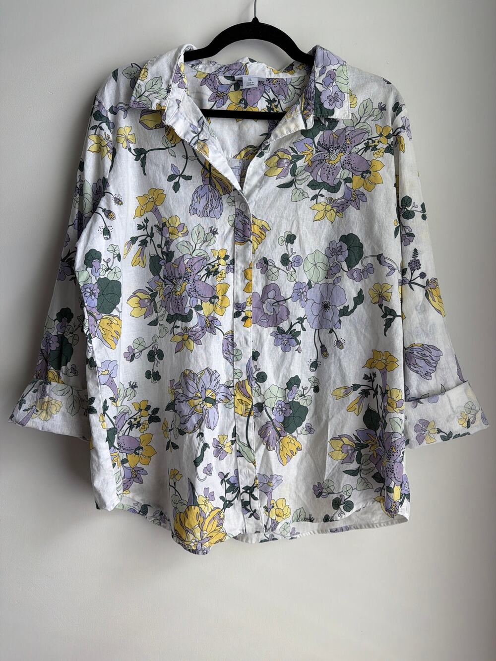 Liz Claiborne Floral Linen Cotton Button Down Shirt XL Purple Yellow